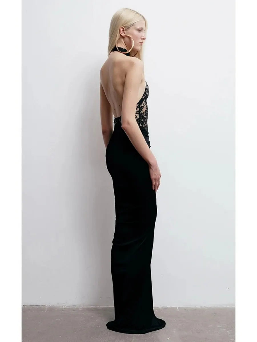 Lace Halter Black Sexy Backless Formal Dress Banquet Parties Maxi Dresses