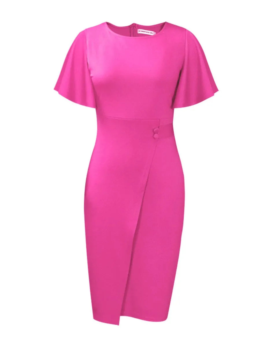 Commuting Lotus Leaf Sleeves Buttons Solid Color Mini&Short Dresses