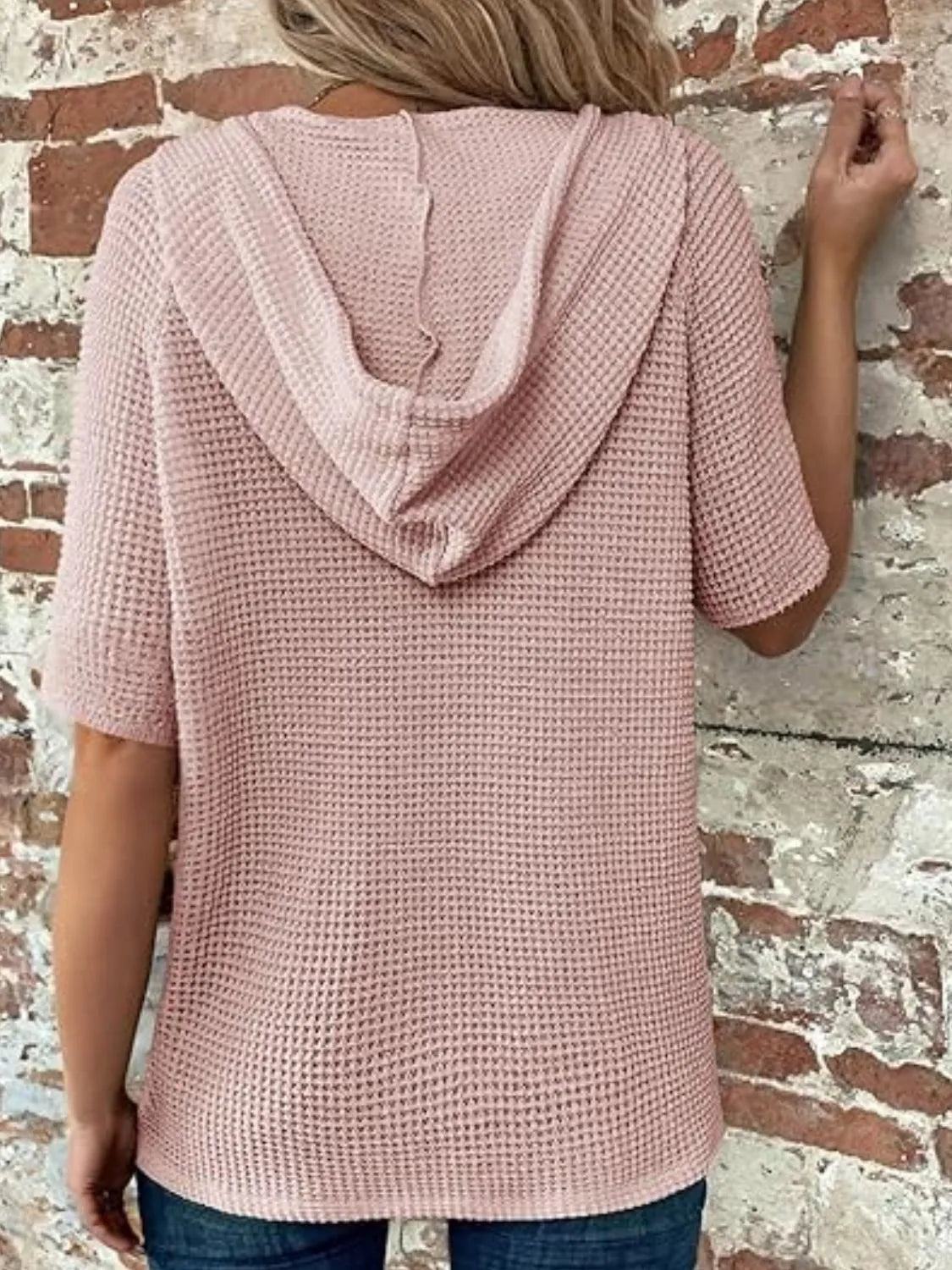 Top Drawstring Hooded Waffle Knit Casual Comfy Chic