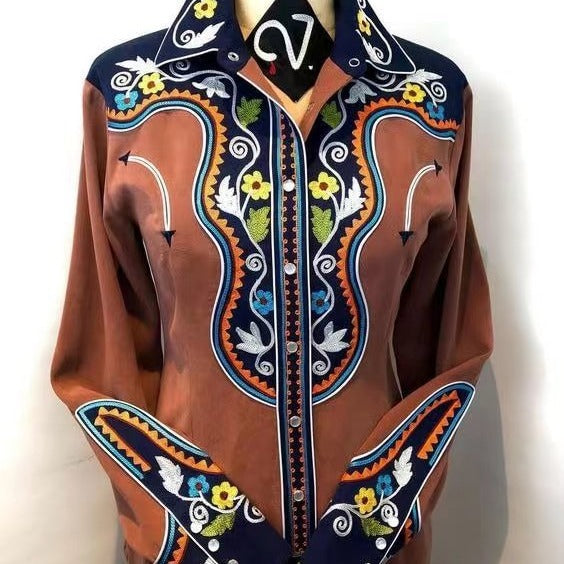 Women Casual Western Geometric Pattern Printed Lapel Long-Sleeve Single Breasted Blouse