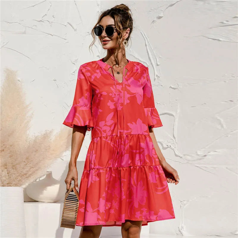 S-2XL Women Casual Flare Sleeve V Neck Dress