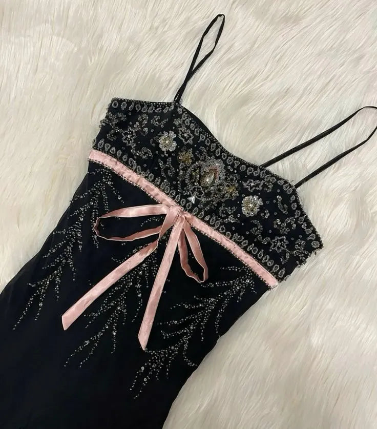 Black gorgeous exquisite gem beaded spaetti straps long tulle elegant ball gown evening dress party dress