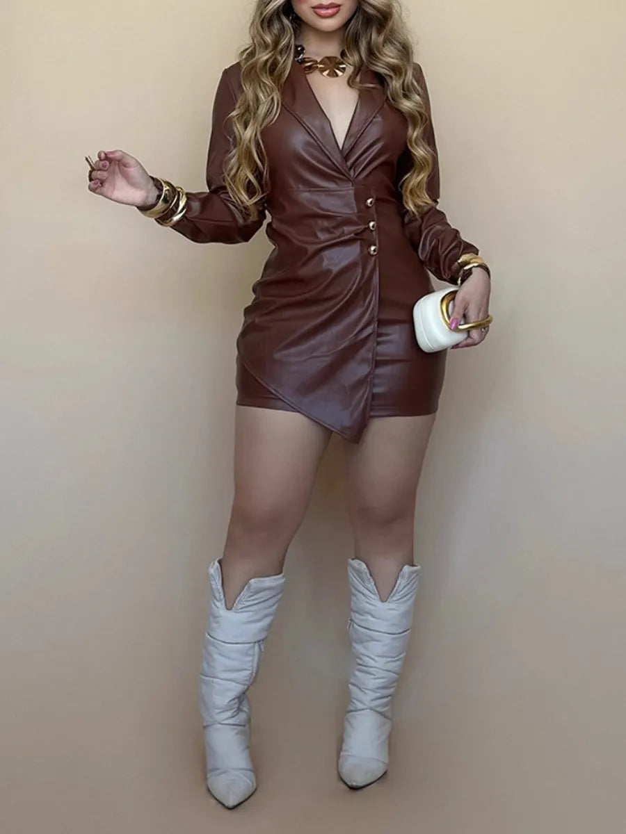 Leather Long-sleeved Lapel Suit With Faux Two-piece Design, Metal Buckle Waist, Slim Fit, Bodycon Jumpsuit Mini&Short Dresses