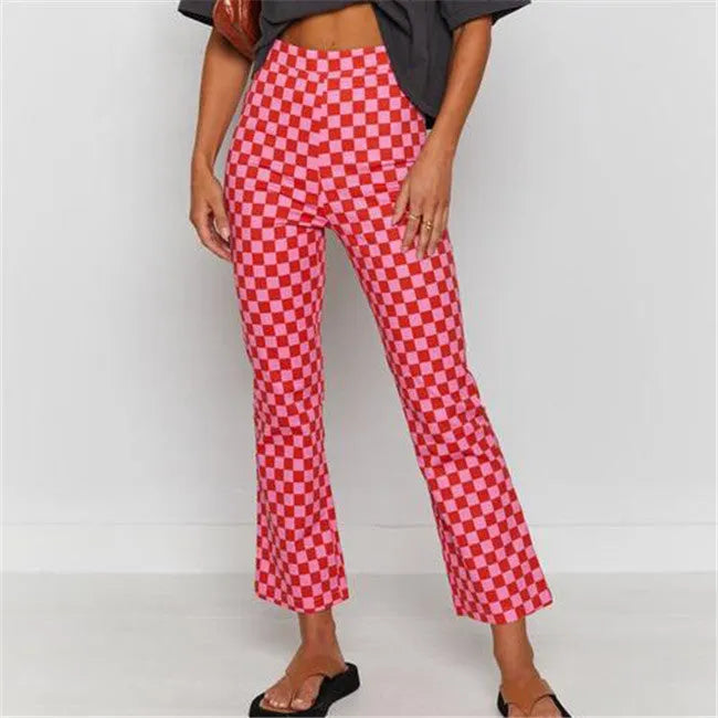 S-XL Women Casual Plaid Printing Straight Pants