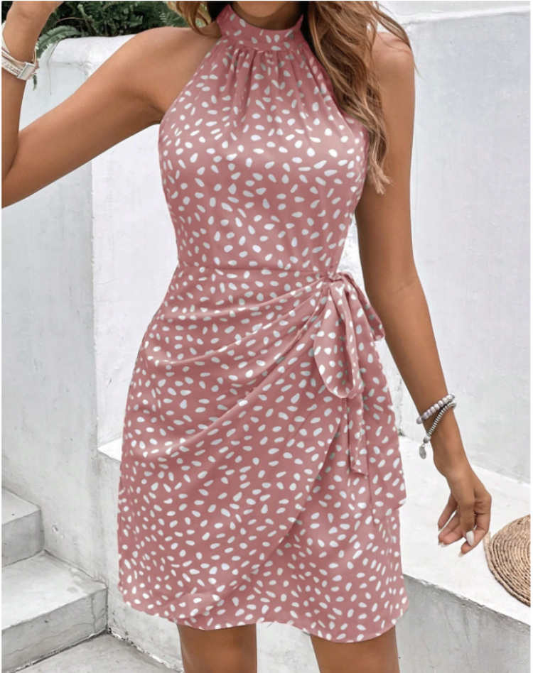 Women's Summer Halter-Neck Dress with Print and Bow Detail