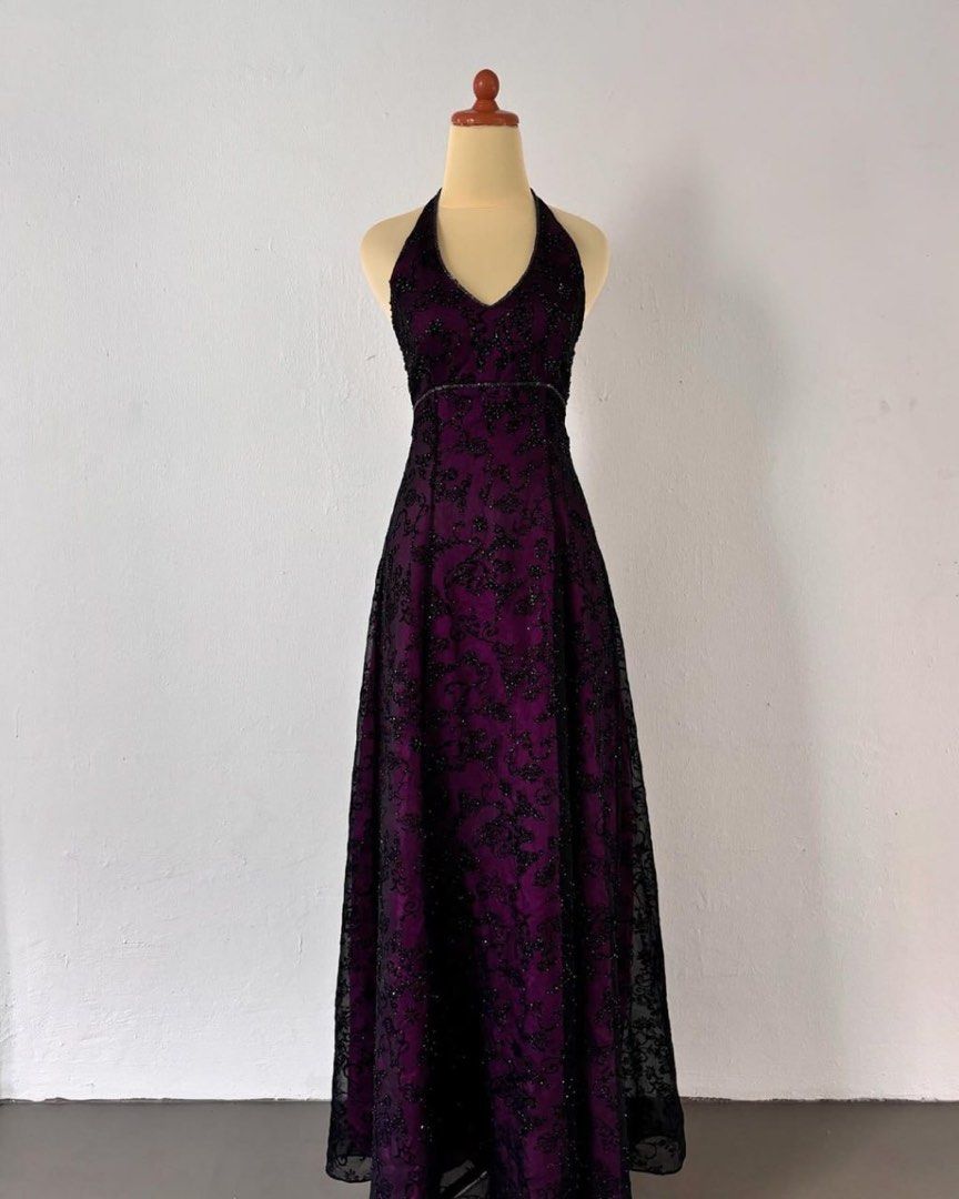 -Dark Purple Vintage Exquisite Floral Long Chiffon Prom Dress Homecoming Dress Fairy Dress