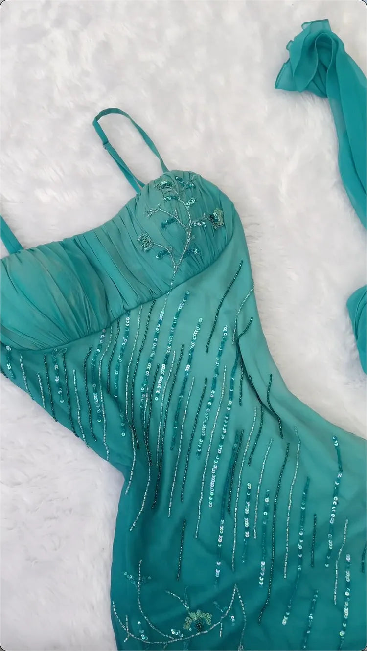 Teal Gradient Sling Gown, Sequin Embroidered Mermaid Dress with Matching Silk Scarf Evening Gown