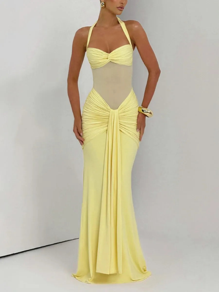 Neckband Lace Up Mesh Formal Dress Maxi Dresses