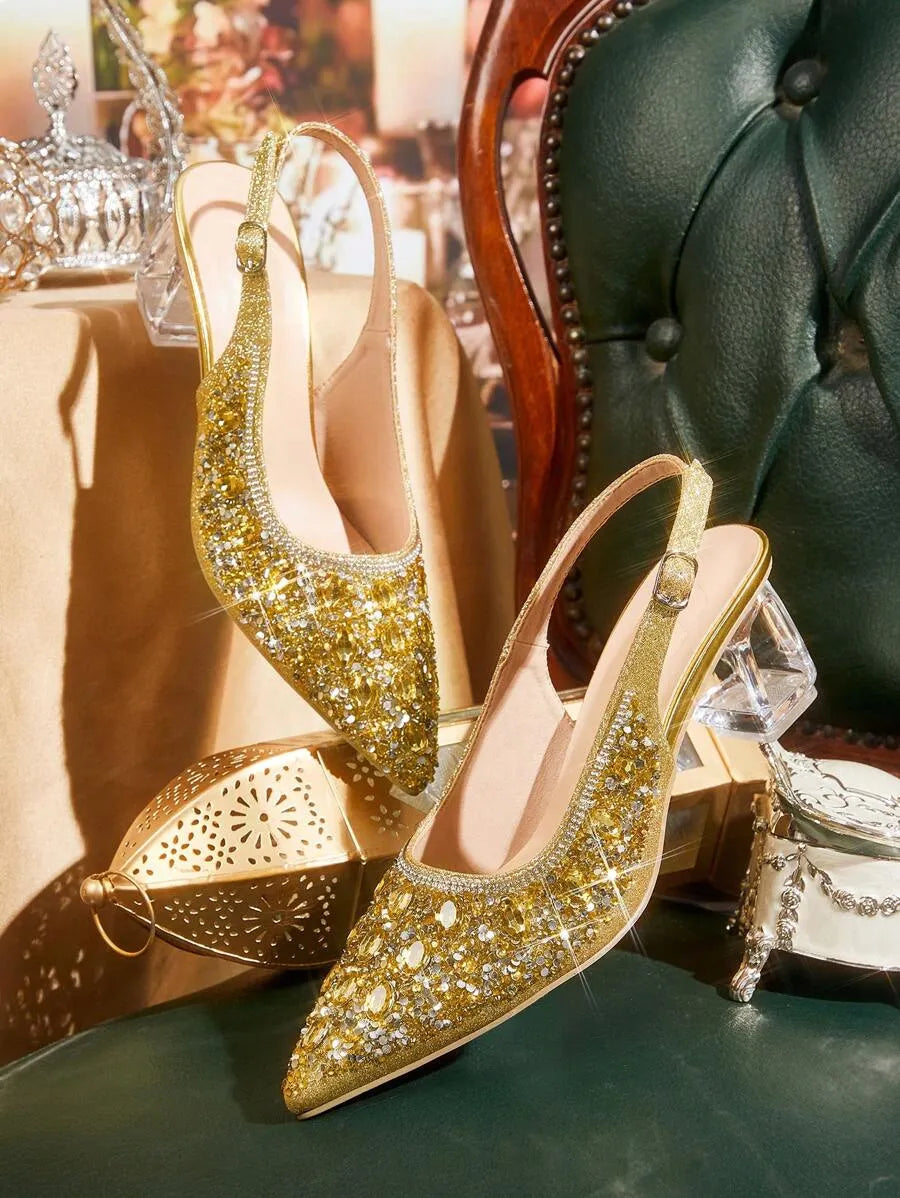 Crystal Heel Pointed Toe Slingback Pumps