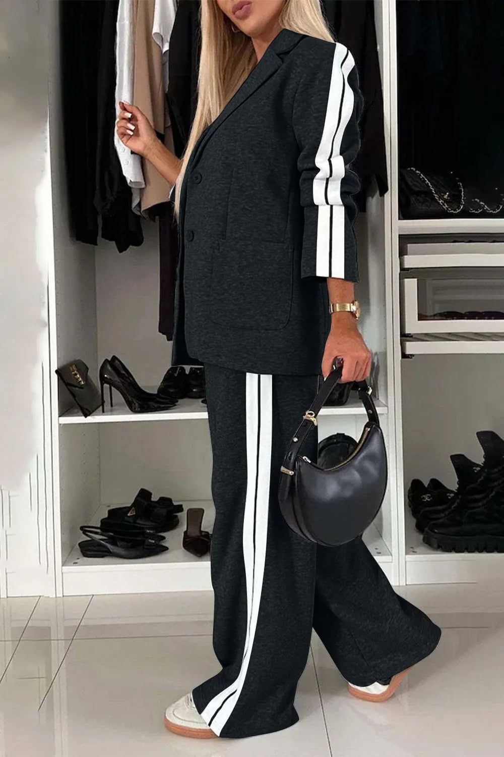 Two-Piece Outfit Set Plus-Size Lapel Top and Comfort Pants
