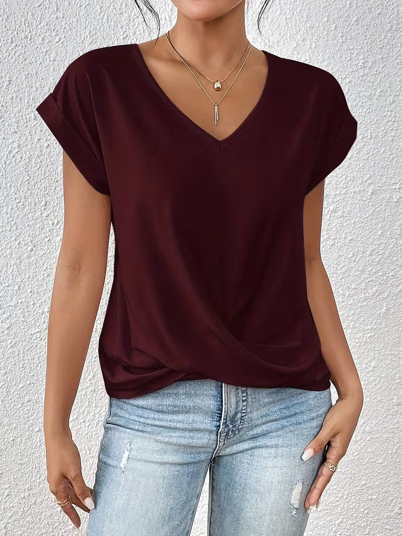 Breathable Elegant Women's Top with V-Neck and Twisted Detail