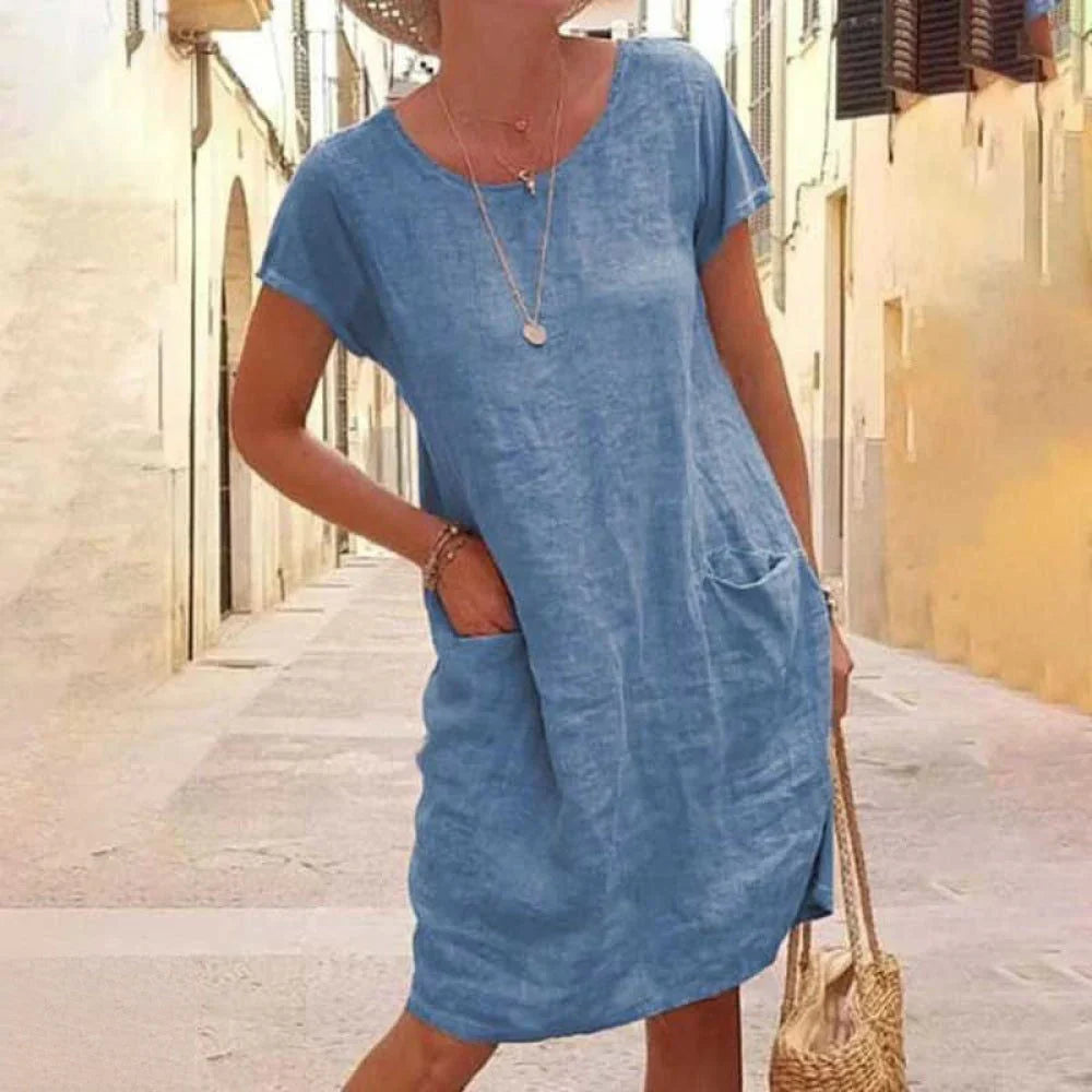Women's Casual Linen-Look Dress with Short Sleeves and Pockets