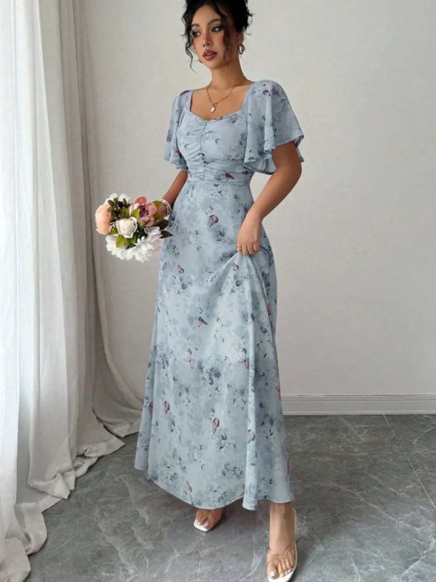 Floral Lotus Leaf Sleeves Sweetheart Collar Vacation And Leisure Maxi Dresses