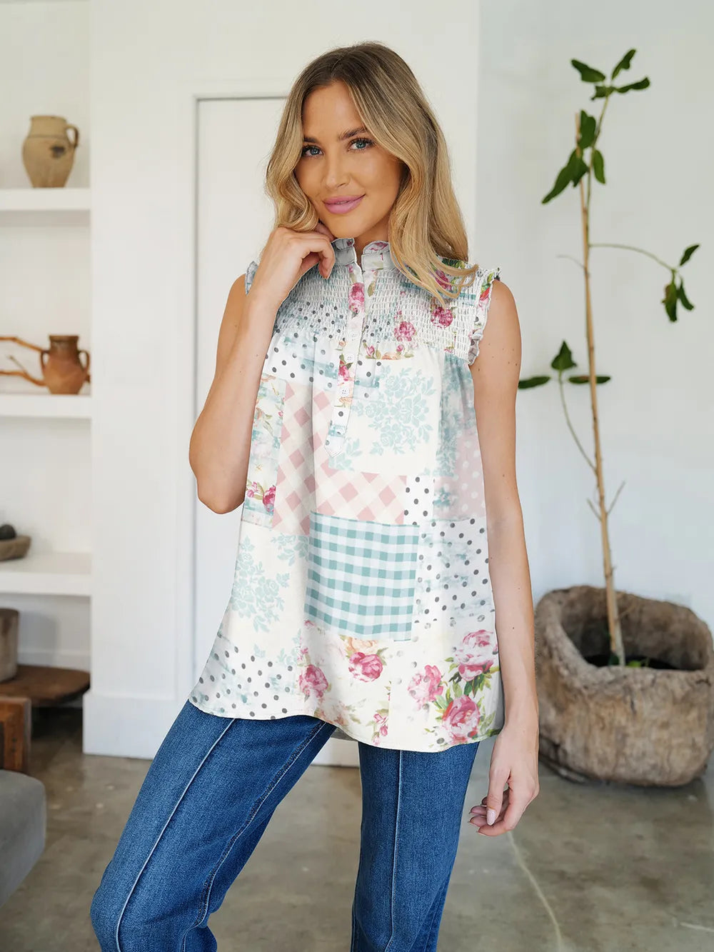 Blouse Top Casual Chic Striped Mock Neck Flowy Elegant