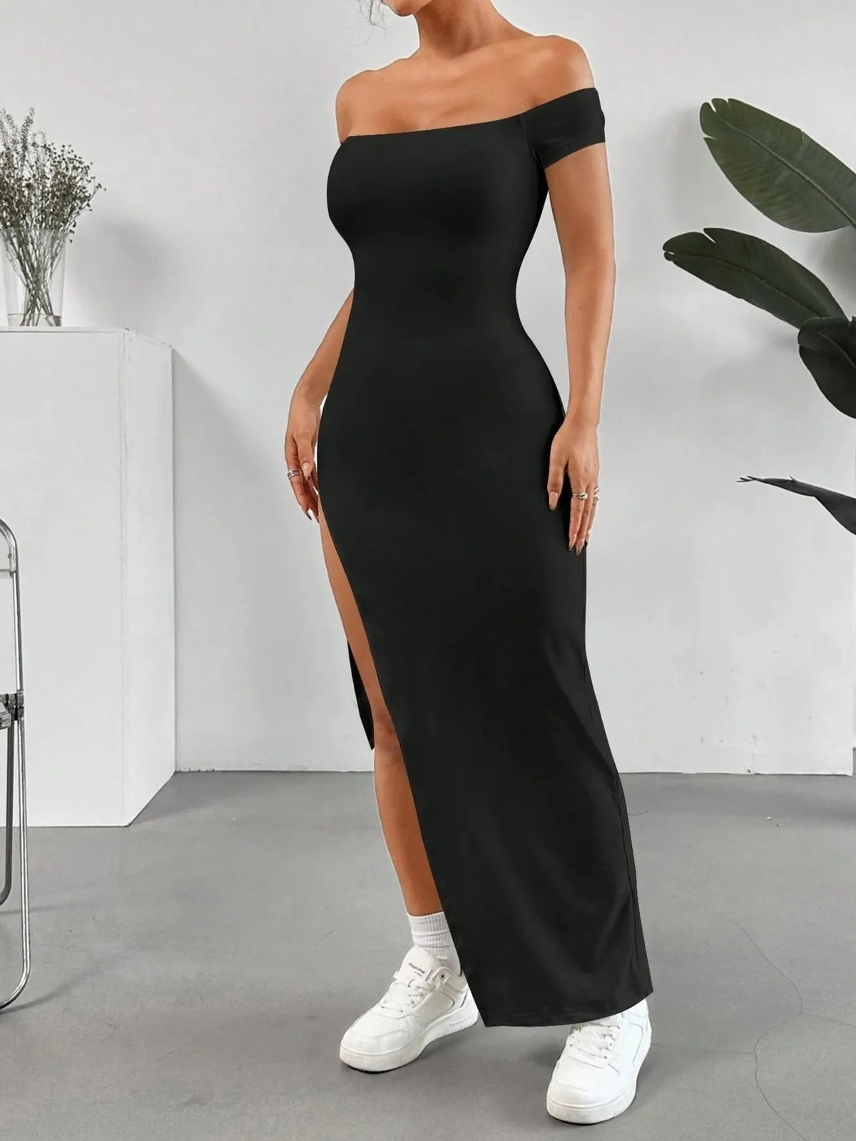 Maxi Dress Elegant Bodycon High Slit Elegant Off-Shoulder