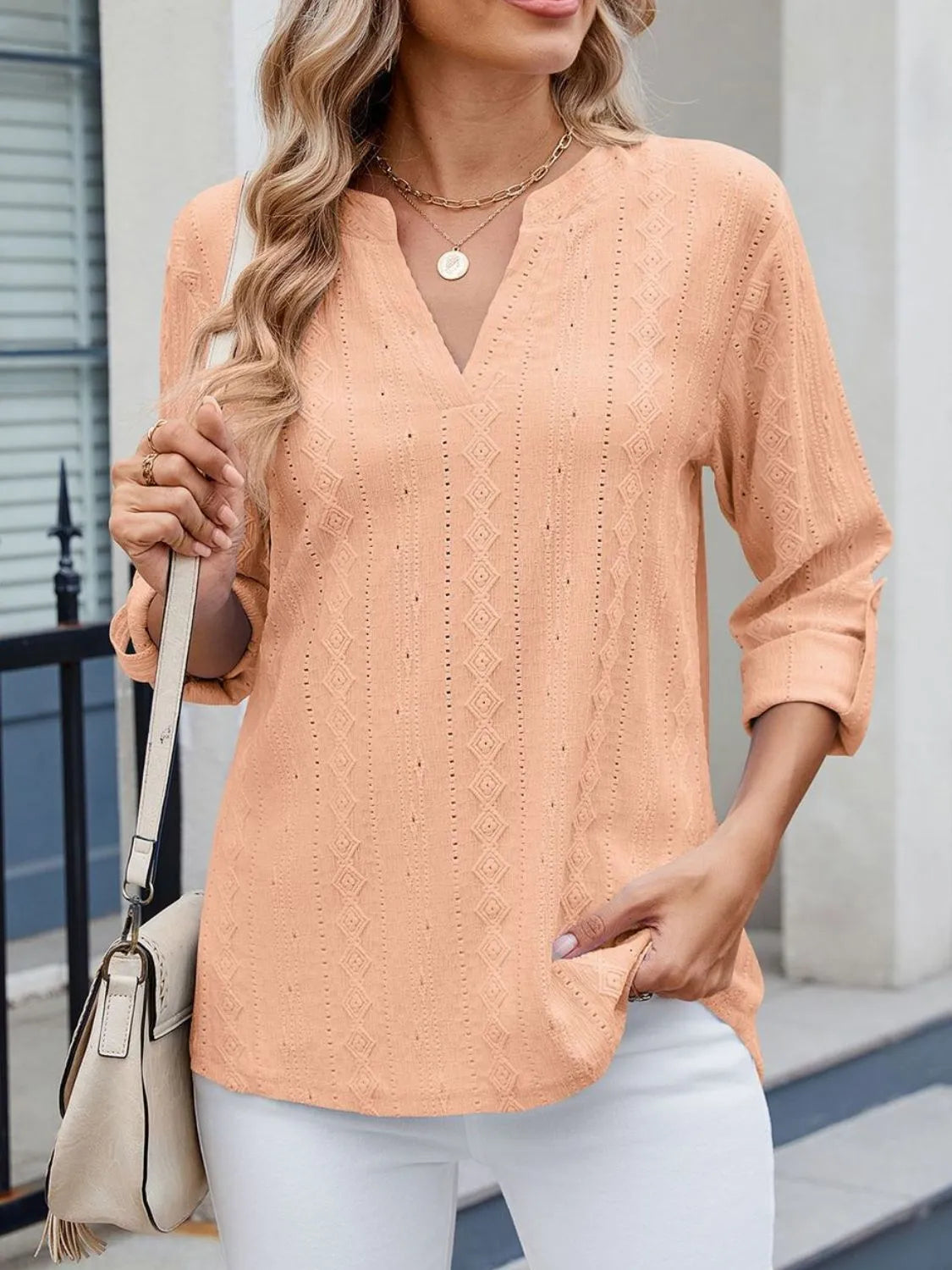 Blouse Top Eyelet Roll-Tab Sleeve Chic Split Neck Boho