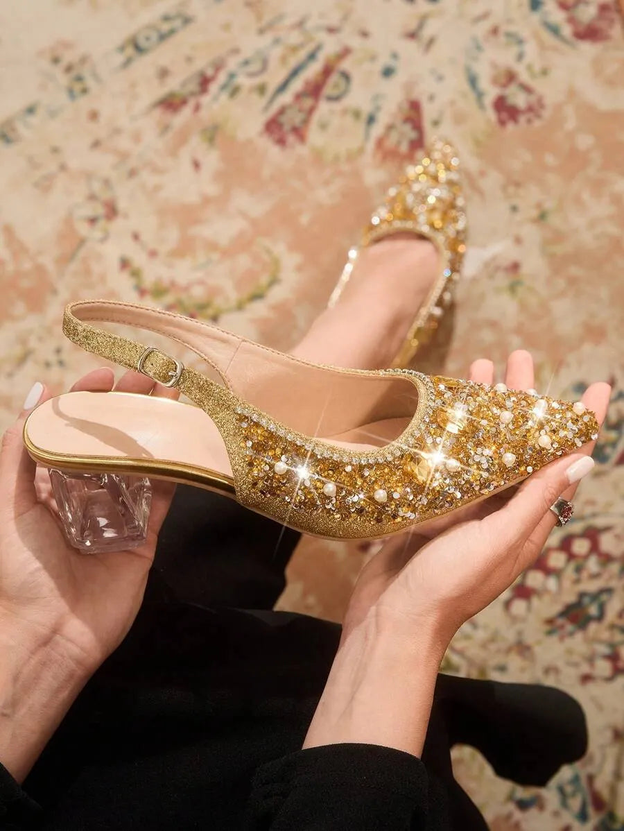 Crystal Heel Pointed Toe Slingback Pumps
