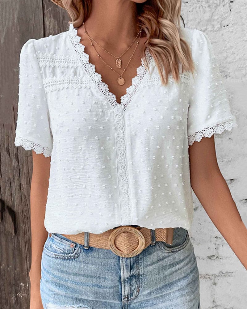 White Lace Top with V Neck and Subtle Dots for Women