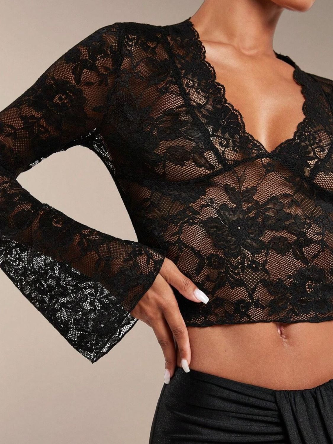 Sheer Lace Blouse Flare Sleeves Slightly Stretchy