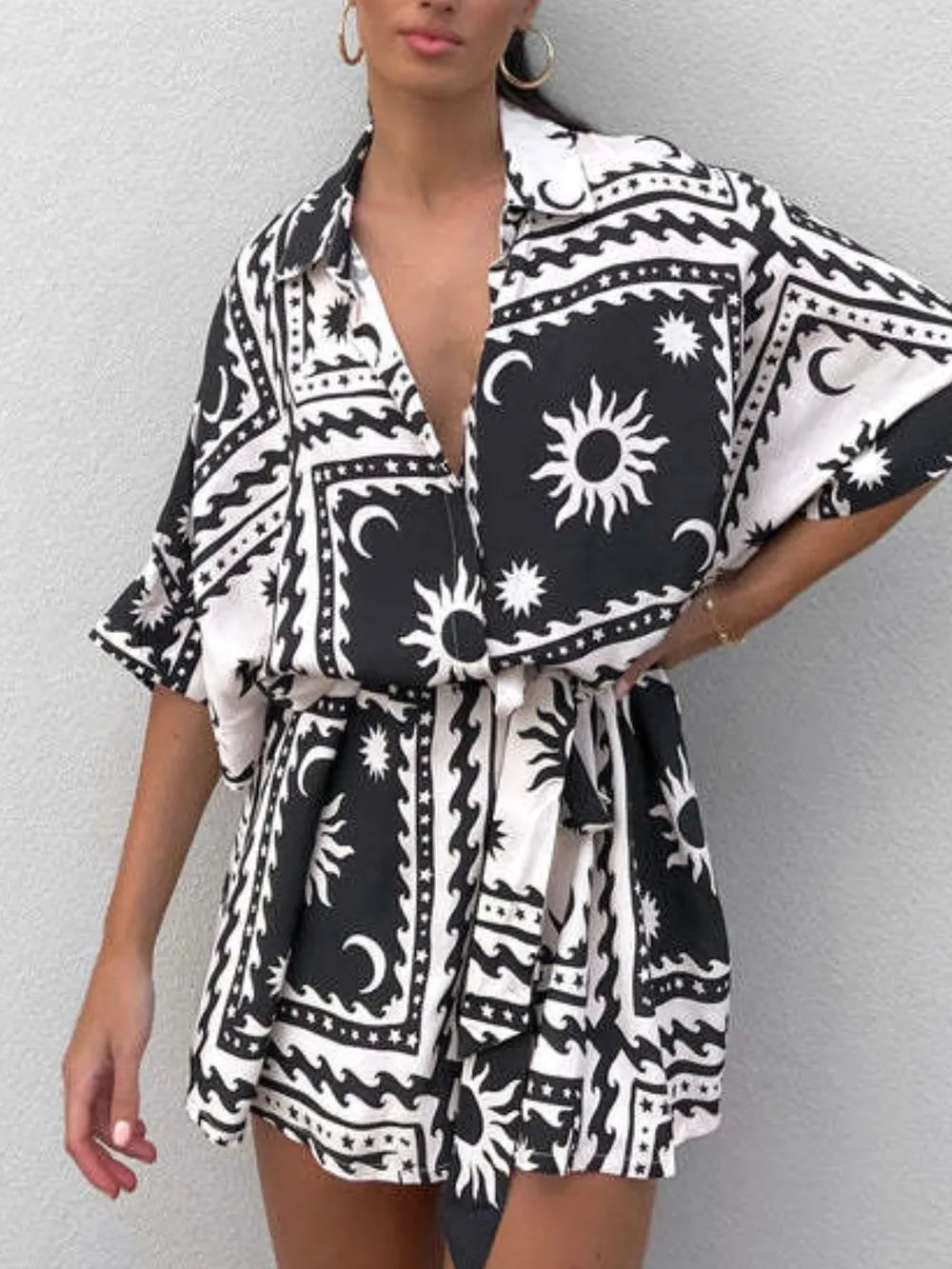 Printed Romper – Tie Waist with Half Sleeves