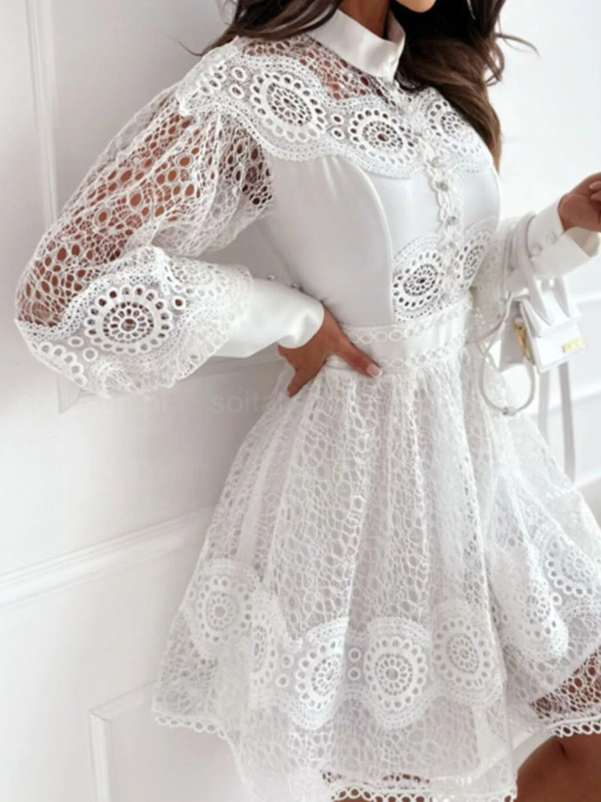 Lace Mini Dress with Lantern Sleeves