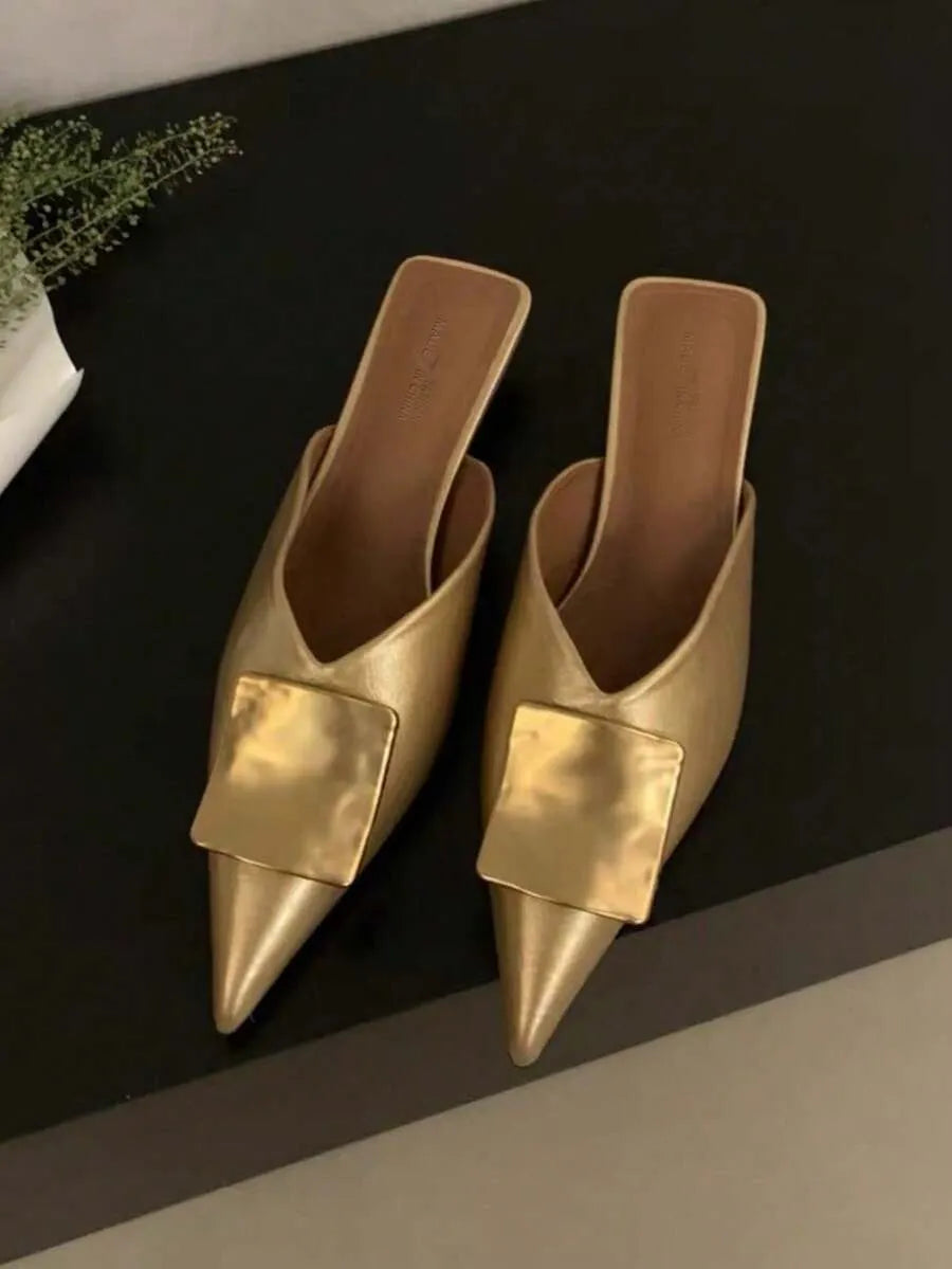 Elegant Pointed Toe Mule Sandals with Metal Buckle - Perfect for Fall-Winter 2025 Party Wear