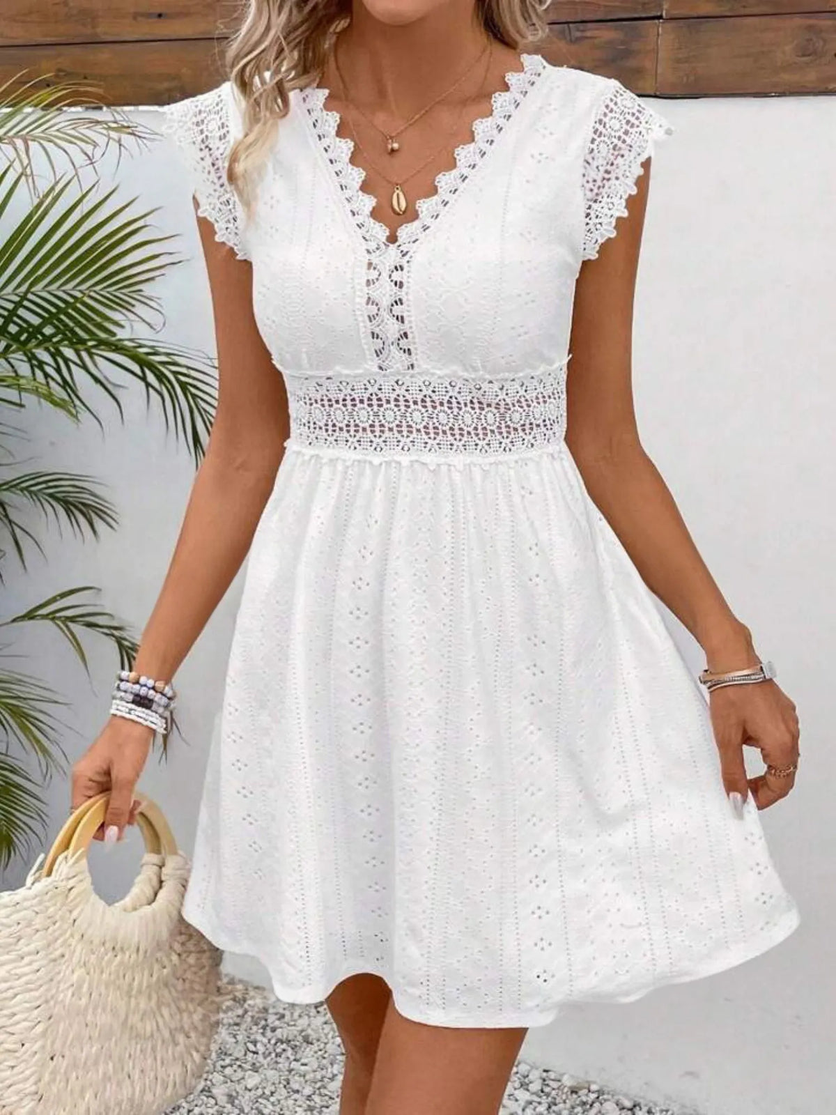 Lace Trim Openwork Jacquard V-neck, Fitted Waist Mini&Short Dresses
