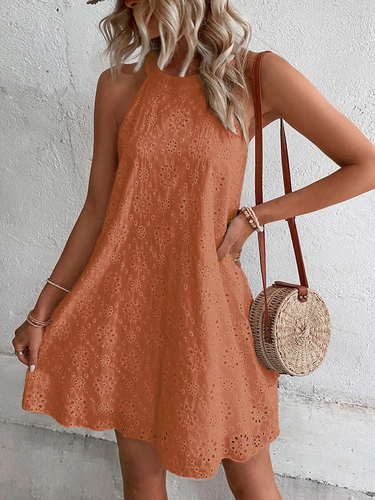 Women's Lightweight Swing Dress with Halter Neck and Broderie