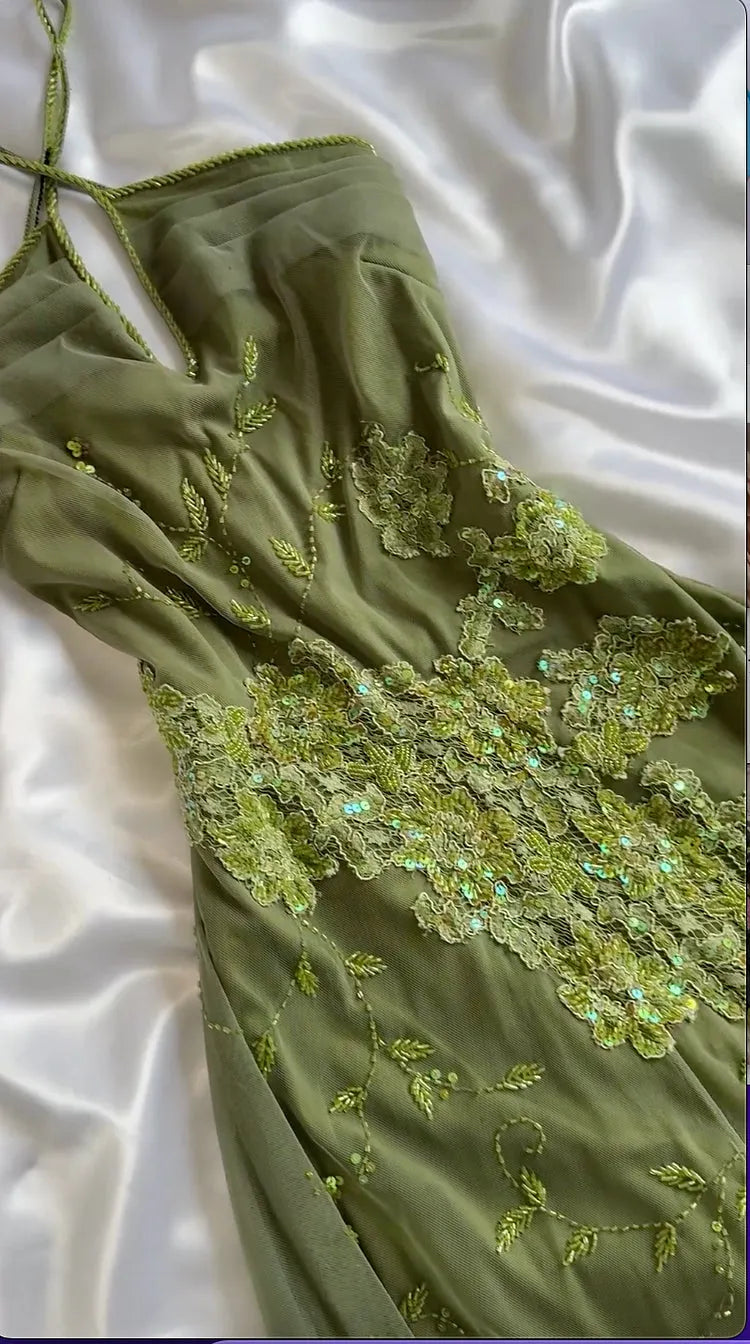 Green Fashion Delicate Floral Beaded Strap Long Ankle Length/Short Chiffon Homecoming Dress Prom Dress Evening Dress Party Dress Prom Dress