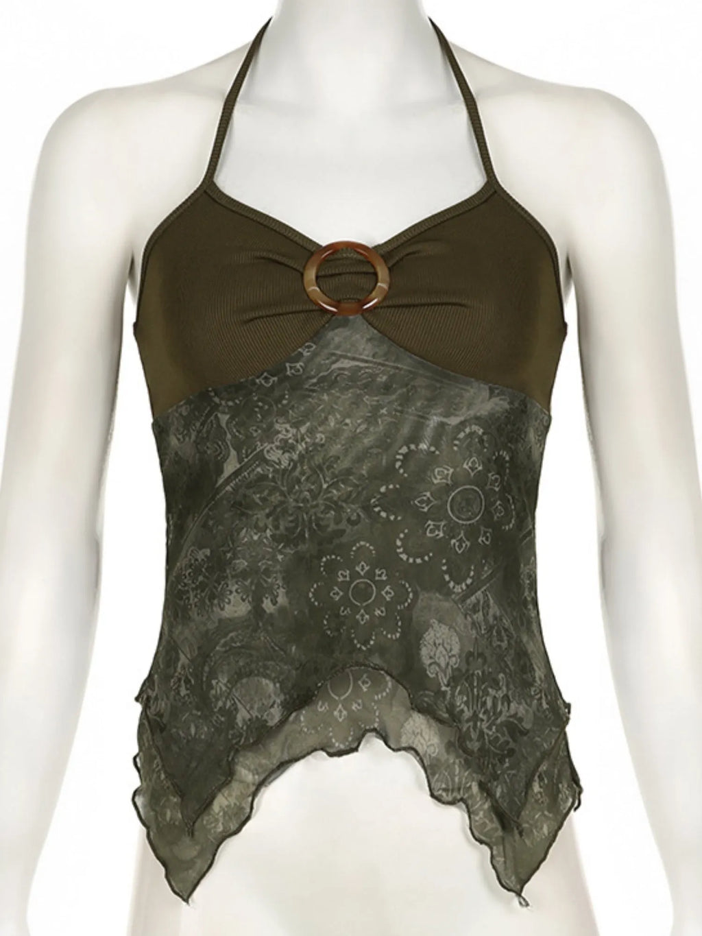 Metal Buckle Pleated Halter Neck And Backless Tank Top