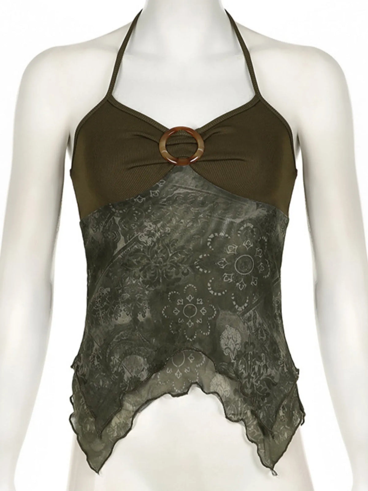 Metal Buckle Pleated Halter Neck And Backless Tank Top