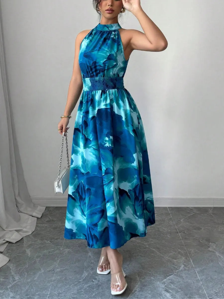 Printed Halter Sleeveless Vacation And Leisure Maxi Dresses