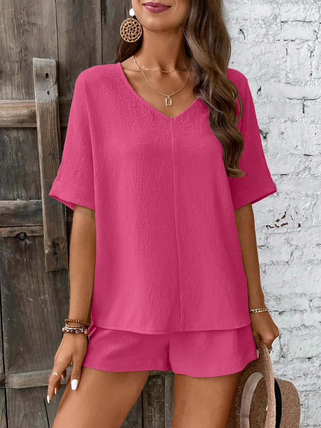 Two-Piece Outfit Set V-Neck Top and Relaxed Shorts Summer