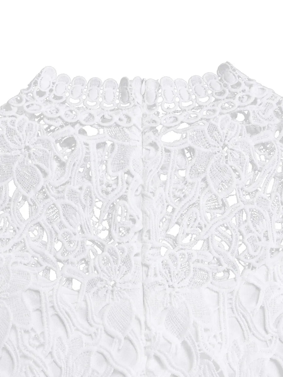 Lace Trim Hollow Short Sleeve Bandage High Waist Wide Leg Jumpsuits