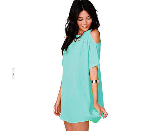 Women Casual Sweet Cool-Shoulder Solid Color Chiffon Loose Dress
