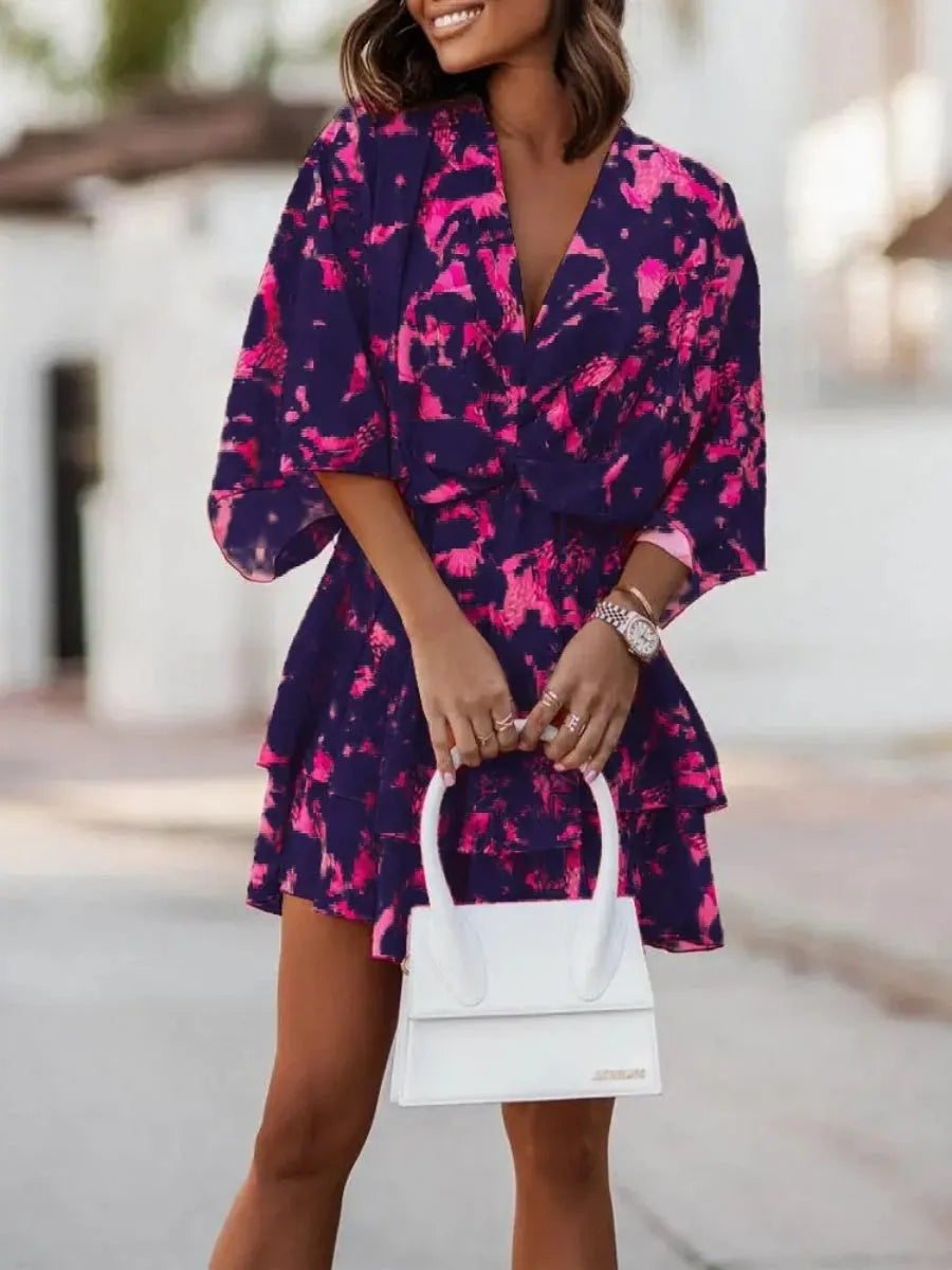 Loose-fit Batwing Sleeves Printed Commuting Mini&Short Dresses
