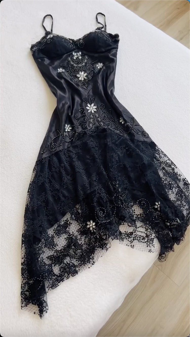 Black fashion vintage elegant exquisite floral beading spaetti straps Long/Short satin lace princess ball gown evening dress party dress prom dress homecoming dress