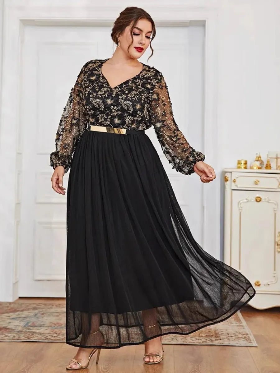 V-neck Black Splicing Formal Dress Banquet Maxi Dresses