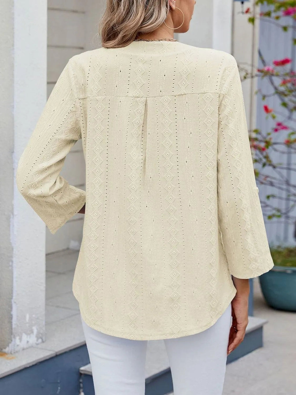 Blouse Top Eyelet Roll-Tab Sleeve Chic Split Neck Boho