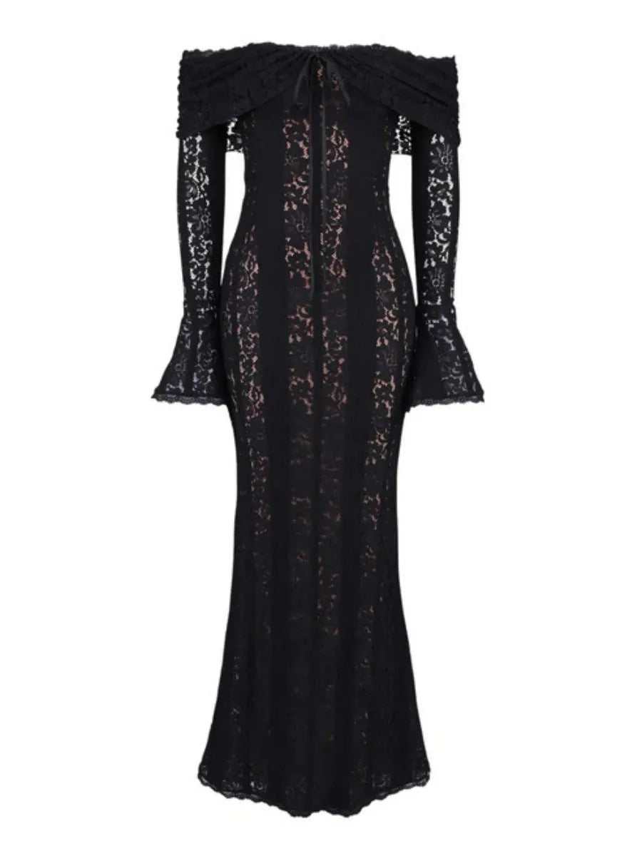 Lace Hollow Off Shoulder Flared Sleeves Hip-hugging Maxi Dresses