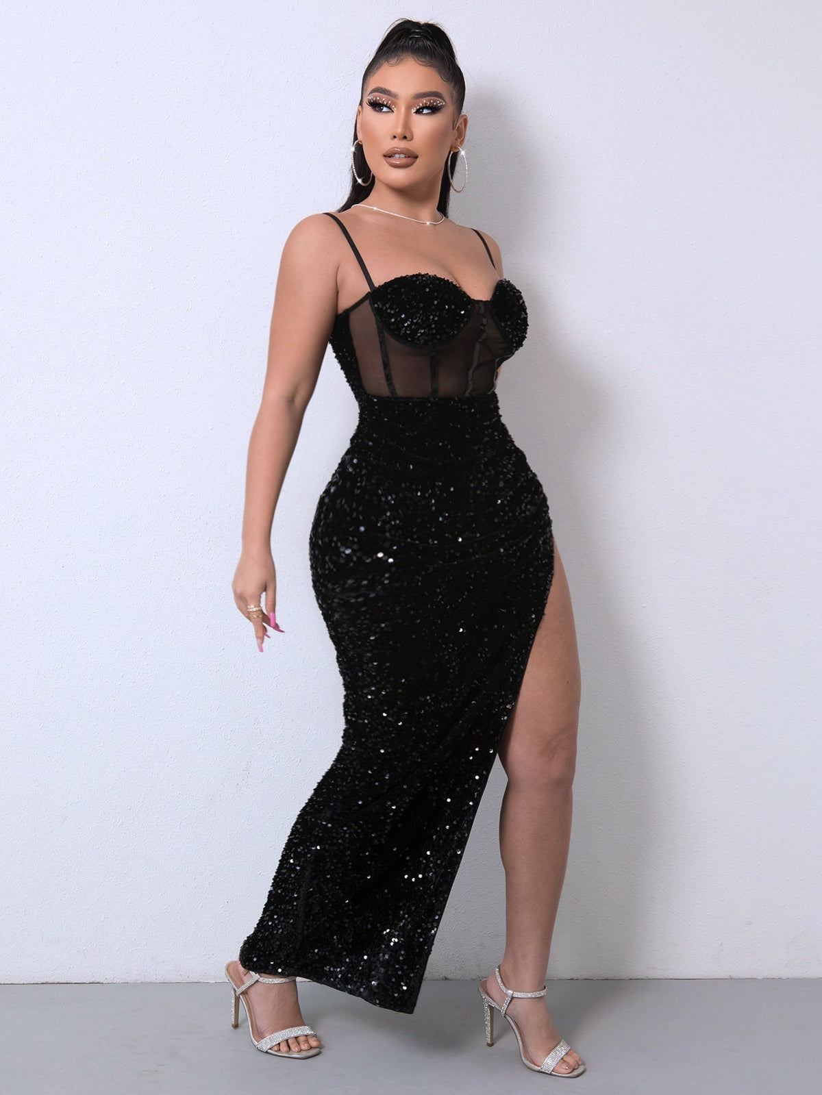 Sequin Mesh Dress – Adjustable Strap Party Style