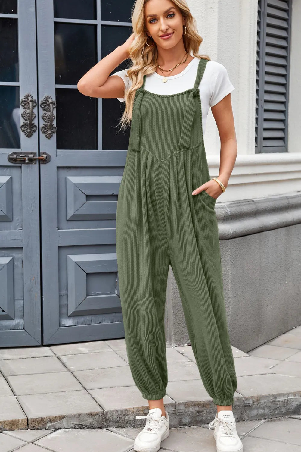 Overalls Knotted Strap Jumpsuit Ribbed Casual Texture