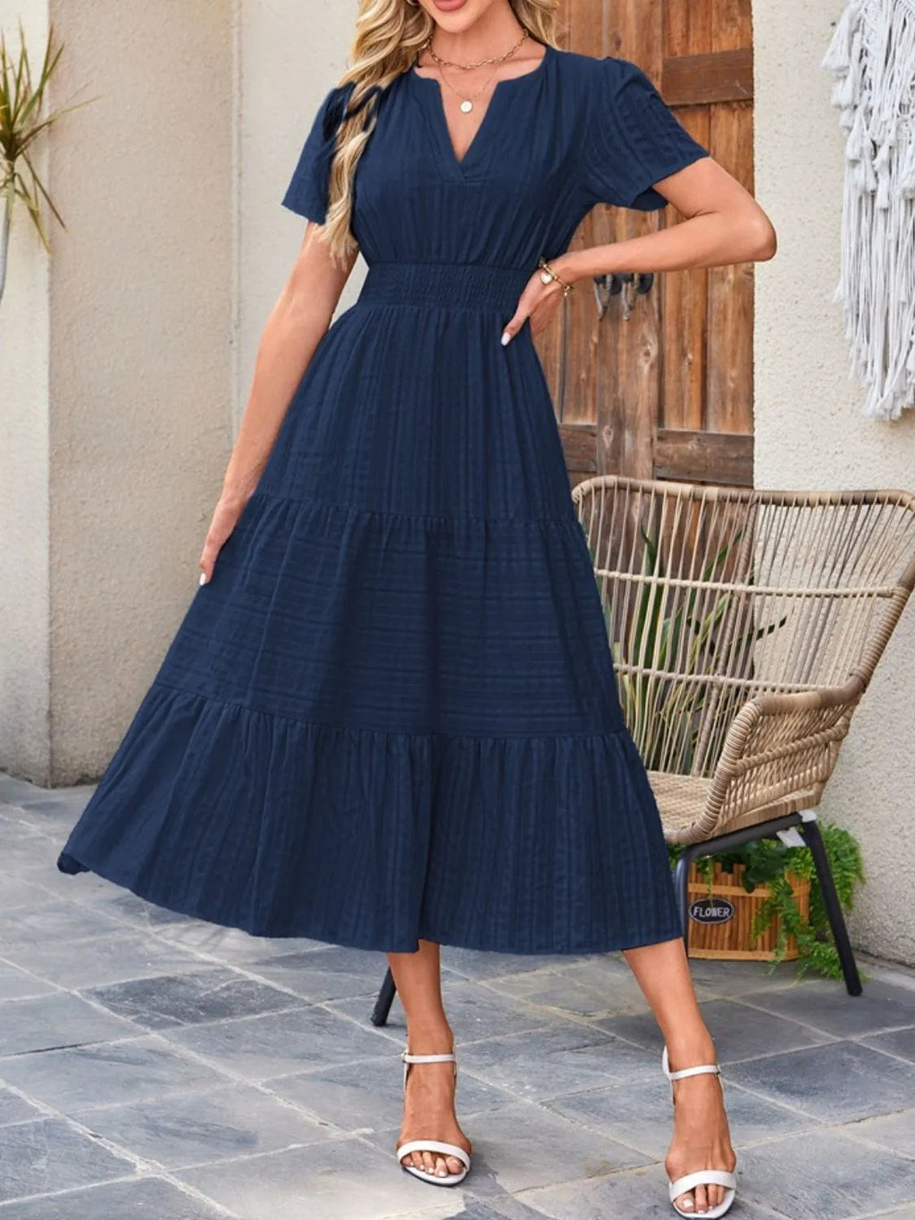 Midi Dress Chic Unlined Comfort Tiered Pocketed Casual