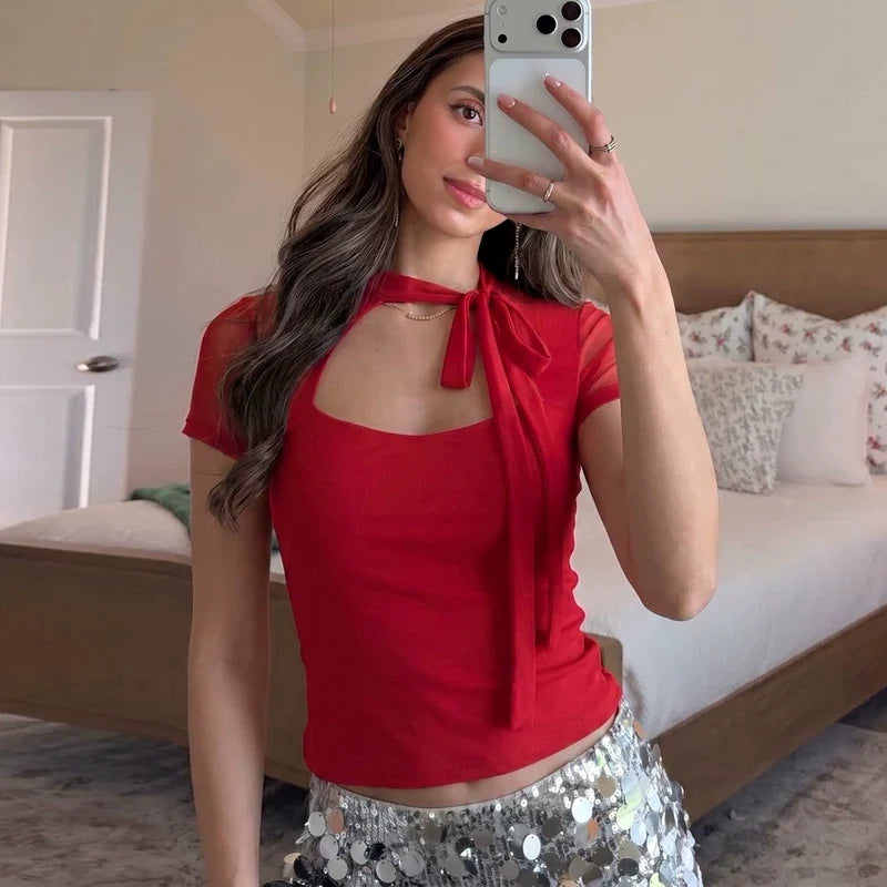 Addisen Cutout Mesh Tie Top