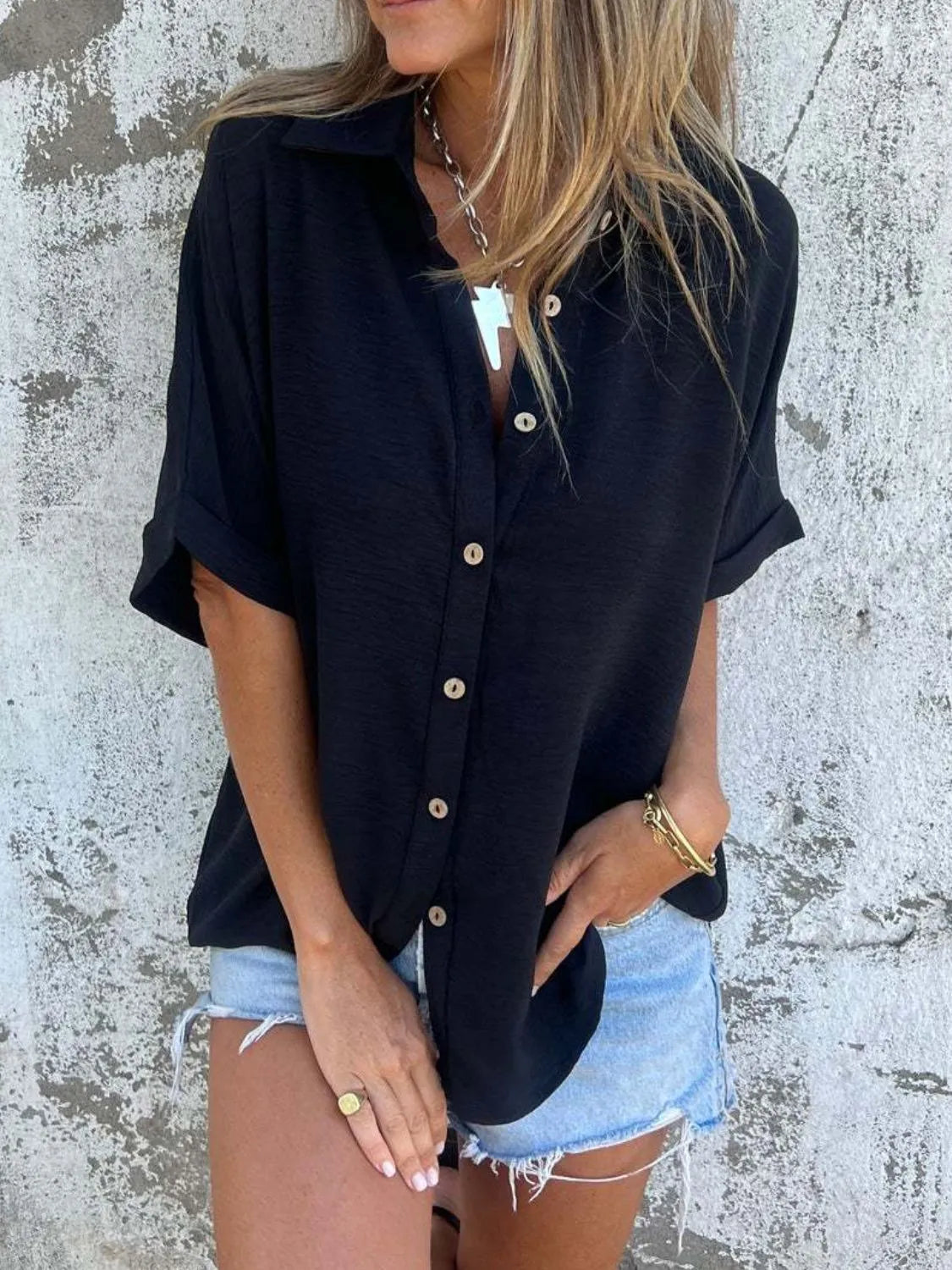 Shirt Buttoned Collared Boho Versatile Casual Trendy Top
