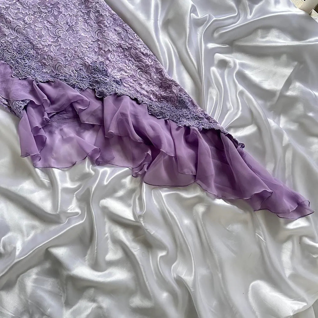 Purple Delicate Lace Slim Fit Long Ball Gown Elegant Party Dress Evening Gown