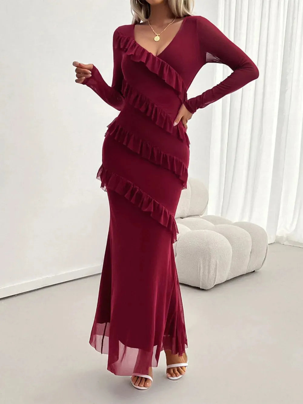 Ruffle Maxi Dress Elegant Party Long Sleeve Surplice Neck