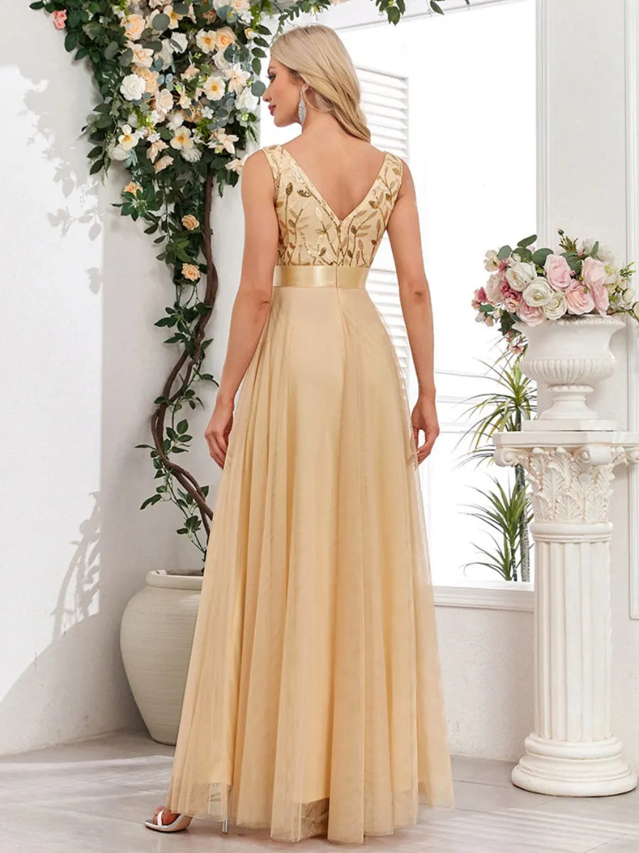 V-neck Embroidery Sequins Elegant Gauze Formal Dress Maxi Dresses