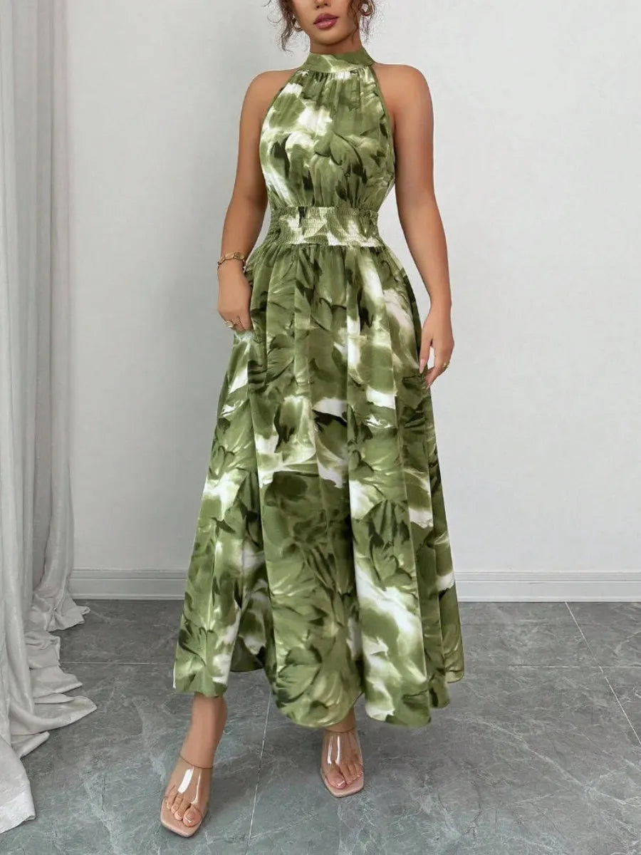Printed Halter Sleeveless Vacation And Leisure Maxi Dresses