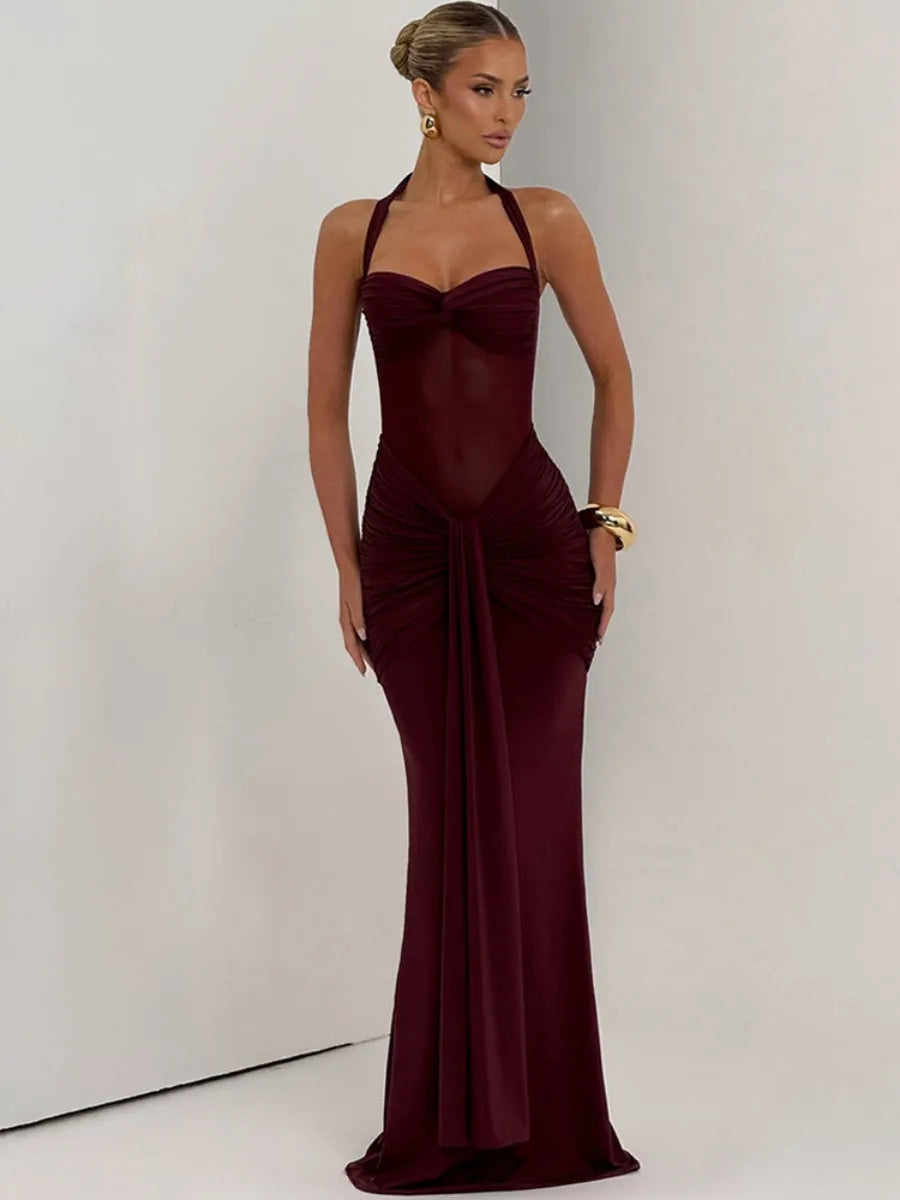 Neckband Lace Up Mesh Formal Dress Maxi Dresses